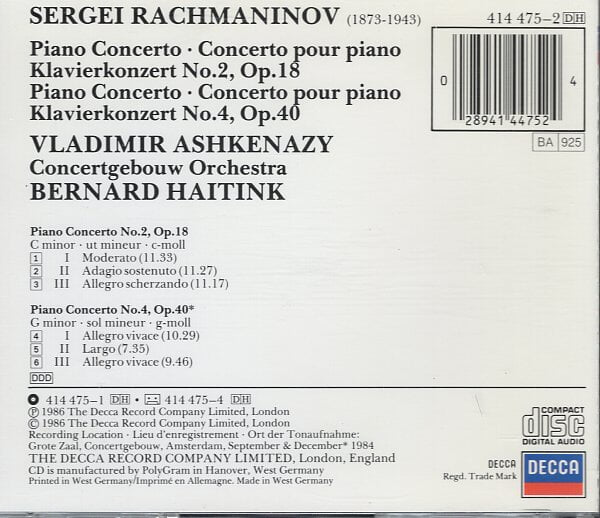 [수입] Rachmaninov Piano Concerto No. 2 Op.18 & No.4 Op.40 - Ashkenazy / Haitink