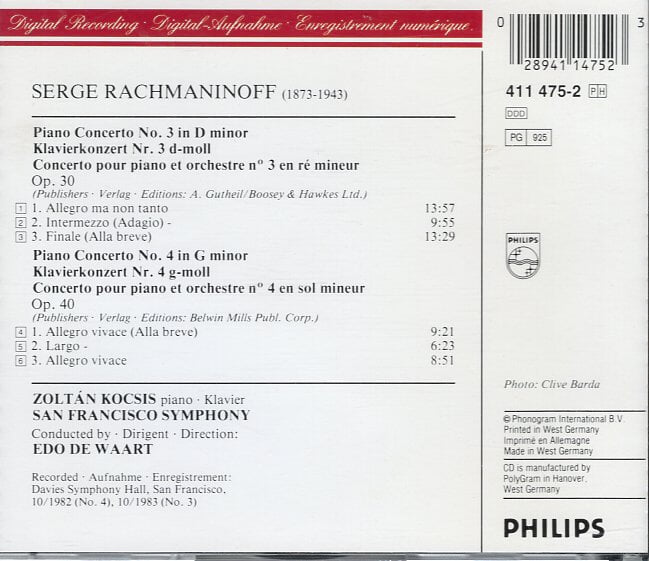 [수입] Rachmaninoff Piano Concertos 3 & 4 - Kocsis / Waart / San Francisco Symphony