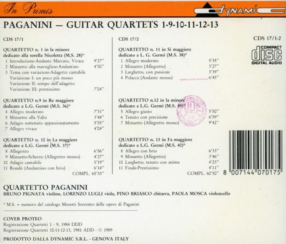 파가니니 콰르텟 - Quartetto Paganini - Paganini Quartets N.1-9-10-11-12-13 For Violin.. 2Cds [이태리발매]