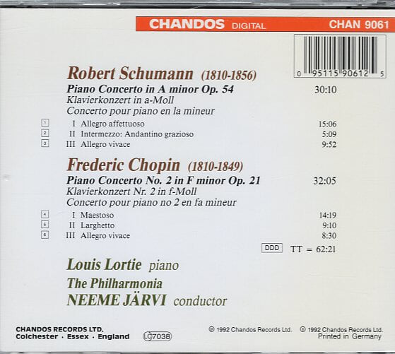 [수입] Schumann Piano Concerto Op.54 & Chopin Piano Concerto No.2 Op.21 - Lortie / Jarvi