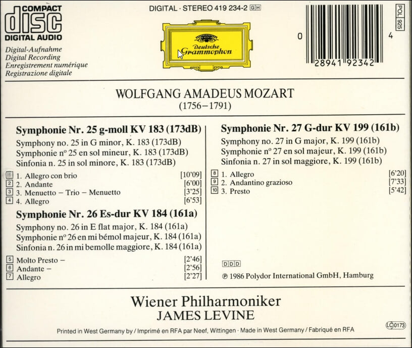 Mozart : Symphonien Nos. 25 ,26 ,27 - 레바인 (James Levine) (독일발매)