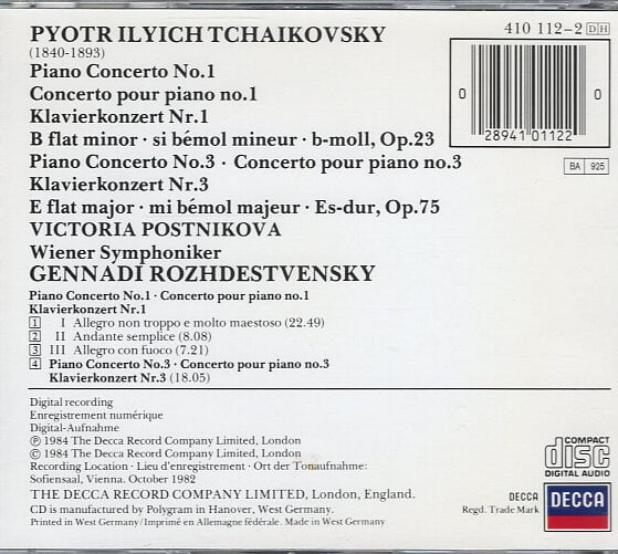 [수입] Tschaikovsky Piano Concertos No. 1 & 3 - Postnikova / Rozhdestvensky