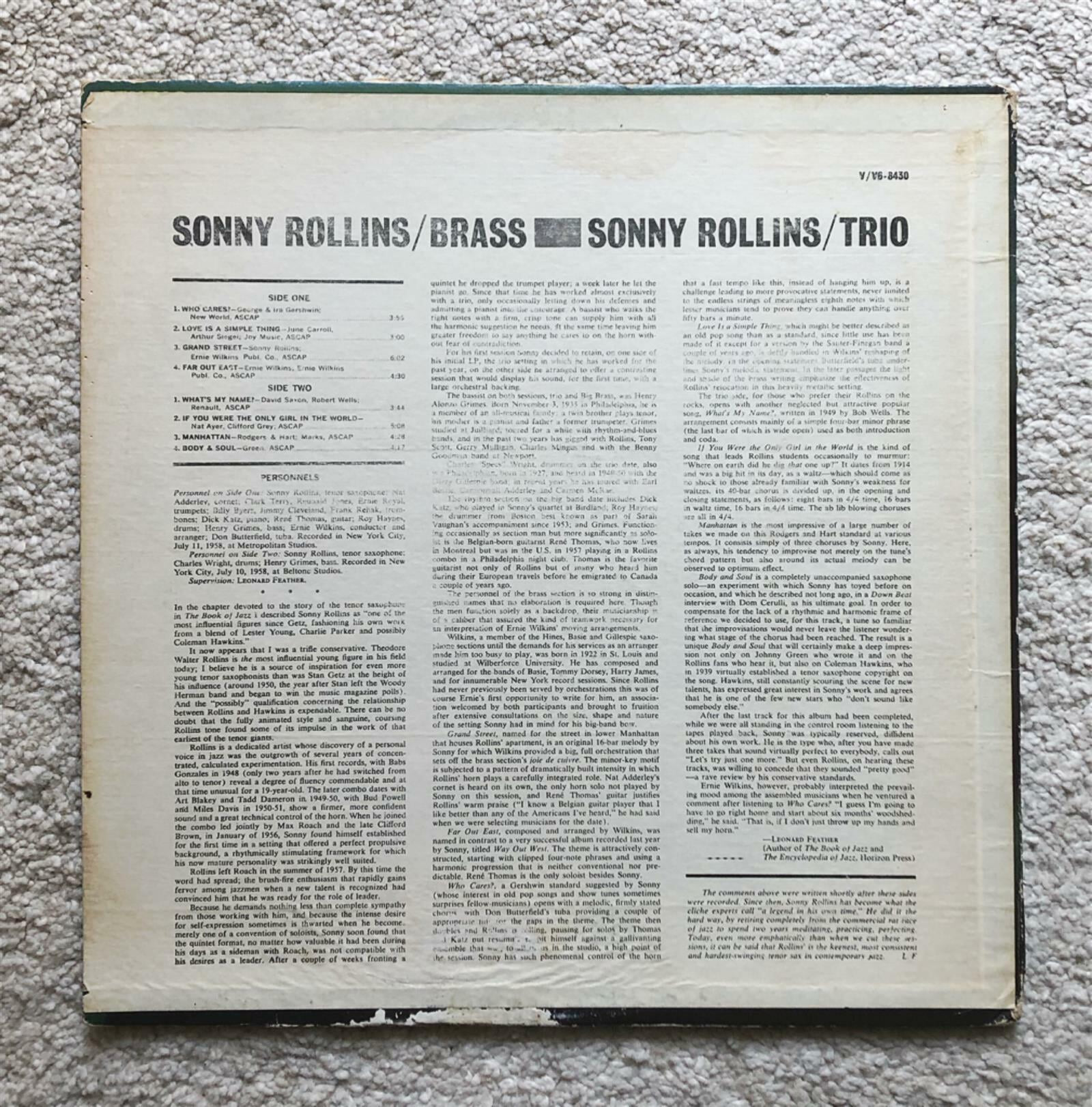 [LP] 수입원반 SONNY ROLLINS TRIO V-8430 (MONO반