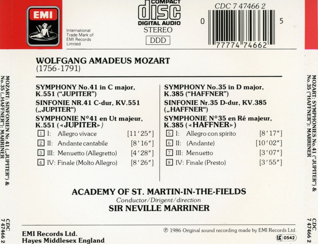 네빌 마리너 - Neville Marriner - Mozart Symphonies No.35 Haffner , No.41 Jupiter [독일발매]