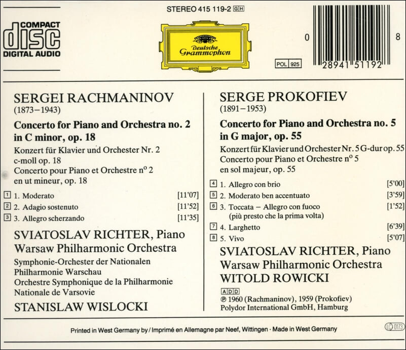 Rachmaninoff : Concertos Pour Piano No. 2 In C Minor, Op. 18 - 리히터 (Sviatoslav Richter)(독일발매)