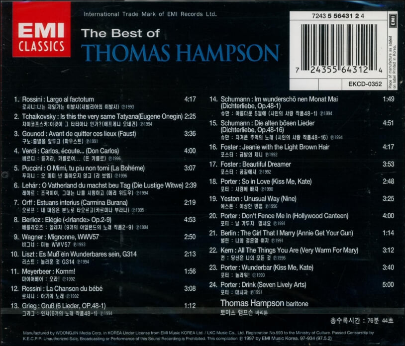 토마스 햄프슨 (Thomas Hampson) - The Best Of (미개봉)