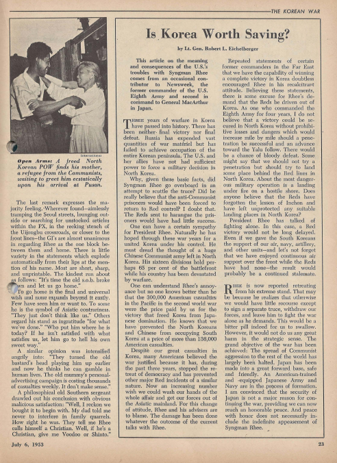 Newsweek <1953년 7월 6일 출판도서> 일본판 영문 한국전쟁 조선전쟁 625 이승만 휴전 이산가족 부산 상봉 유엔 사령관 마크 클락 GHQ 미군 북한군 일본기업 상업광고