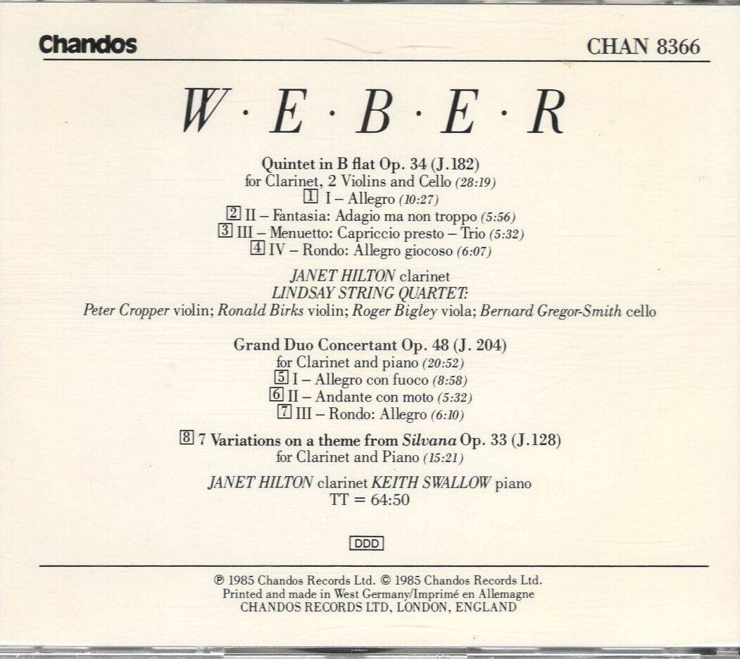 [수입] Weber - Clarinet Quintet Op.34, Grand Duo Concertant Op.48 / Lindsay String Quartet