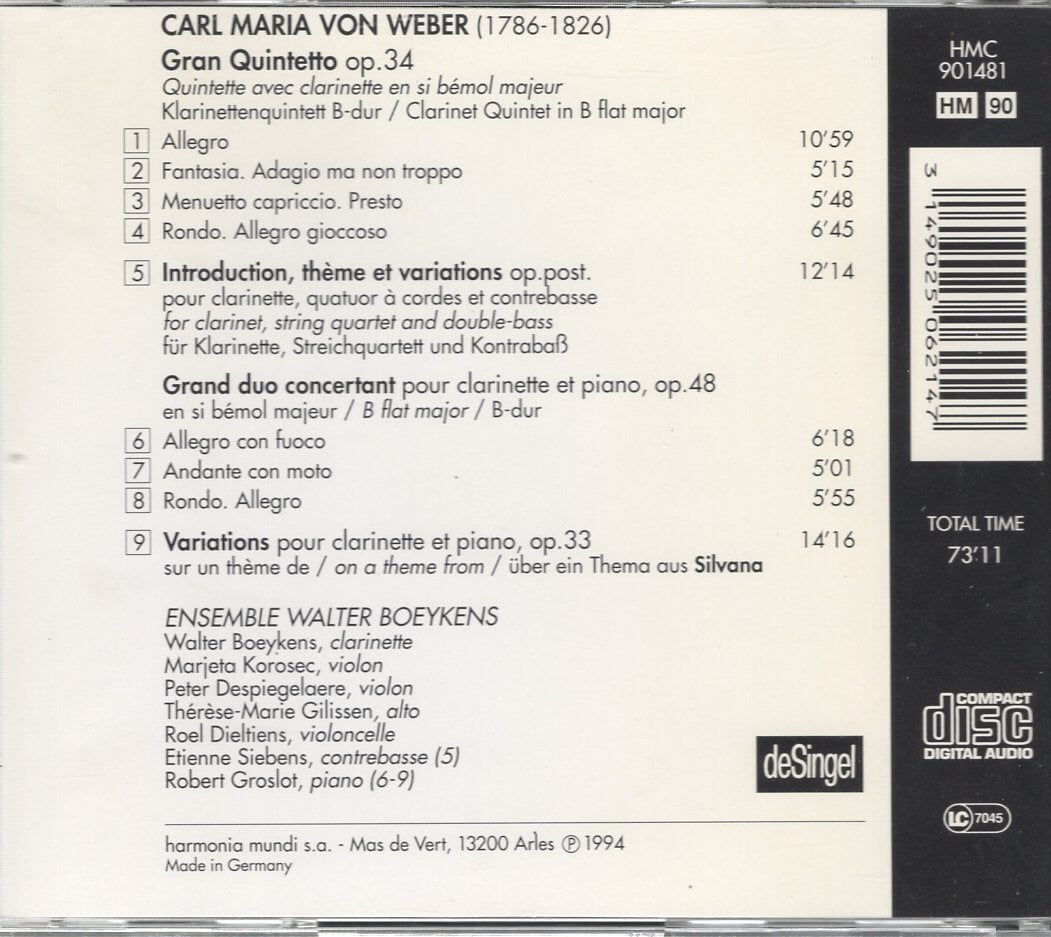 [수입] Weber Gran Quintetto op.34 / Grand duo concertant op.48 - Ensemble Walter Boeykens